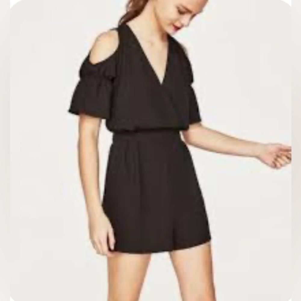 Zara Basic Black Romper With Cold Shoulder Size S… - image 1